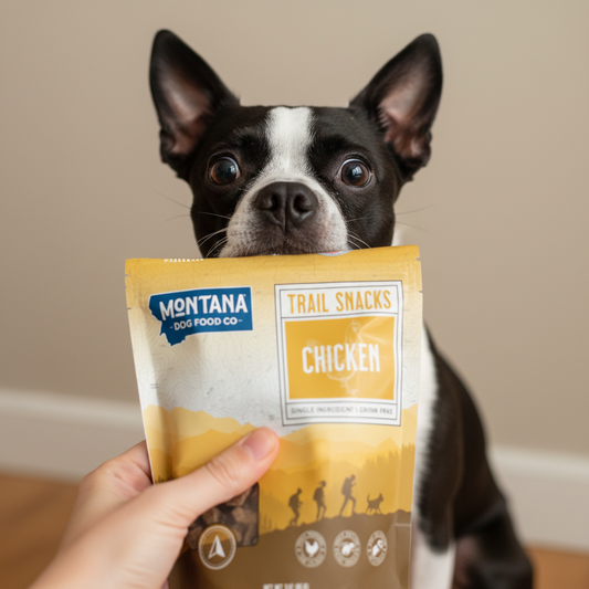Freeze-dried chicken dog treats bag with training seal and single-ingredient badges