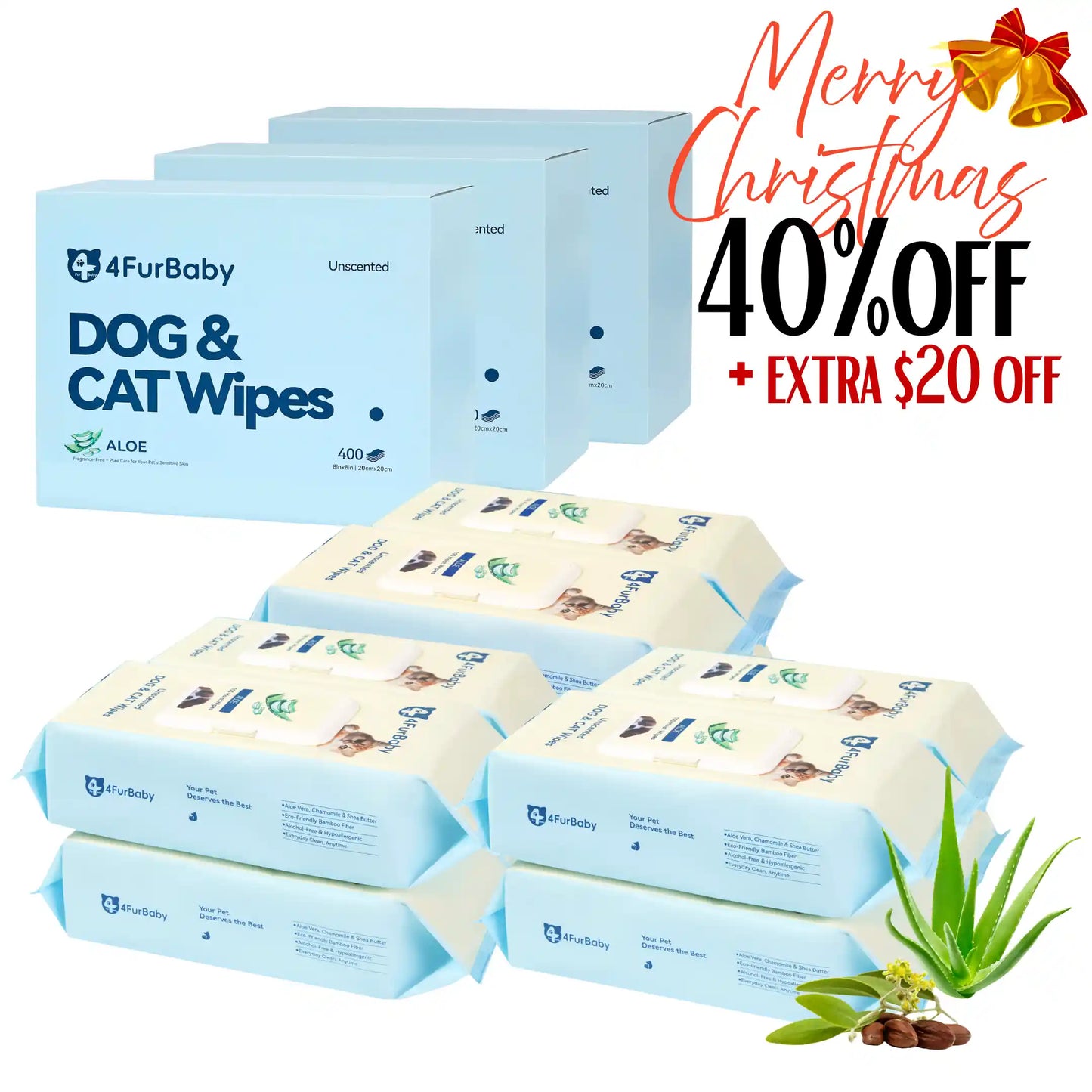 Dog & cat wipes box with unscented aloe and stacked wipe packs, Christmas sale sign