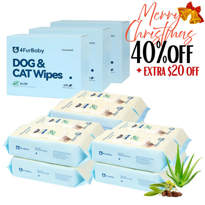 Dog & cat wipes box with unscented aloe and stacked wipe packs, Christmas sale sign