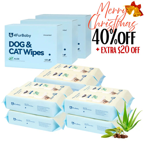 Dog & cat wipes box with unscented aloe and stacked wipe packs, Christmas sale sign