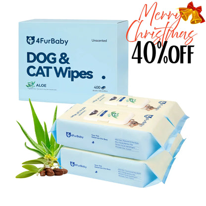 Unscented aloe dog & cat wipes box and stacked packs with Christmas 40% off sign