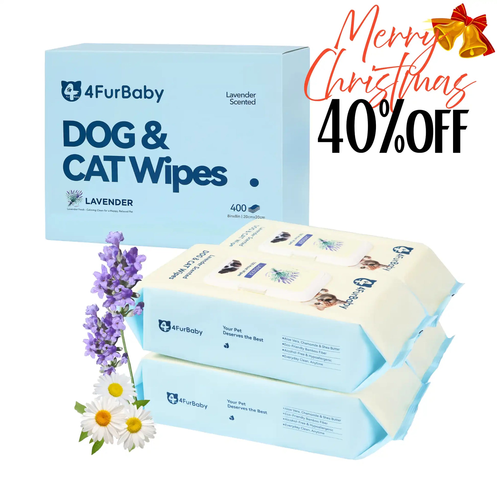 Lavender scented dog & cat wipes box and stacked packs with Christmas 40% off sign