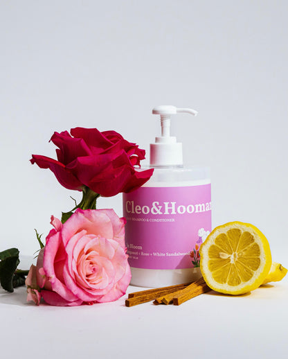 Dog shampoo and conditioner duo pump bottle with lemon and rose decor