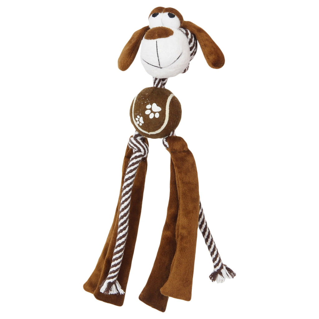 Plush dog toy with tennis ball body, striped rope legs, and brown & white puppy face for interactive play