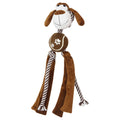 Plush dog toy with tennis ball body, striped rope legs, and brown & white puppy face for interactive play