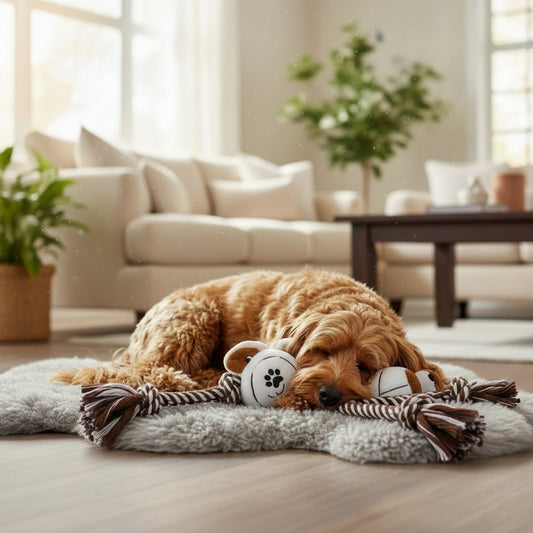 Brown rope dog toy with plush tennis ball head, paw-print fabric center, rope legs