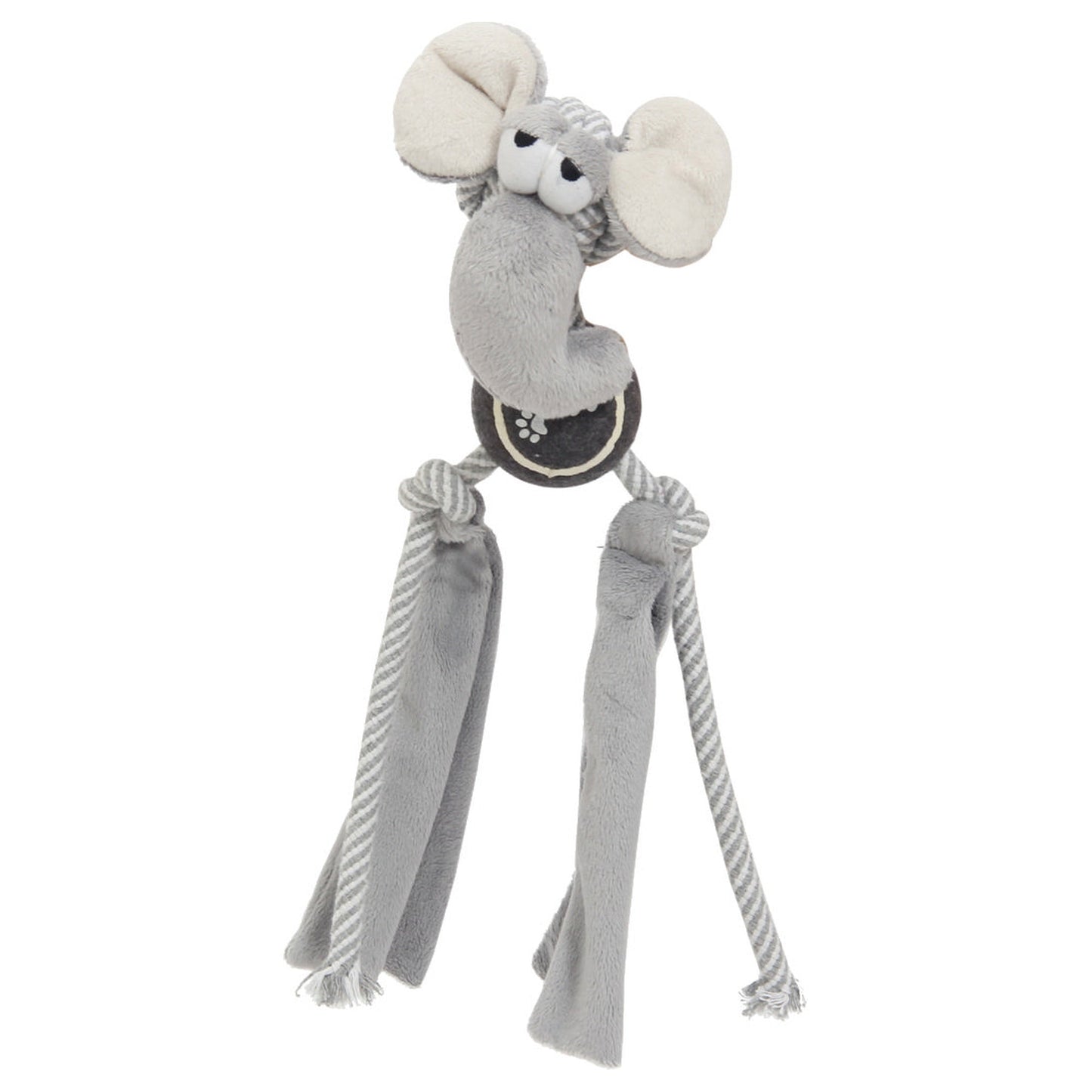 Gray rope dog toy with plush mouse ears, paw-print center, striped rope legs