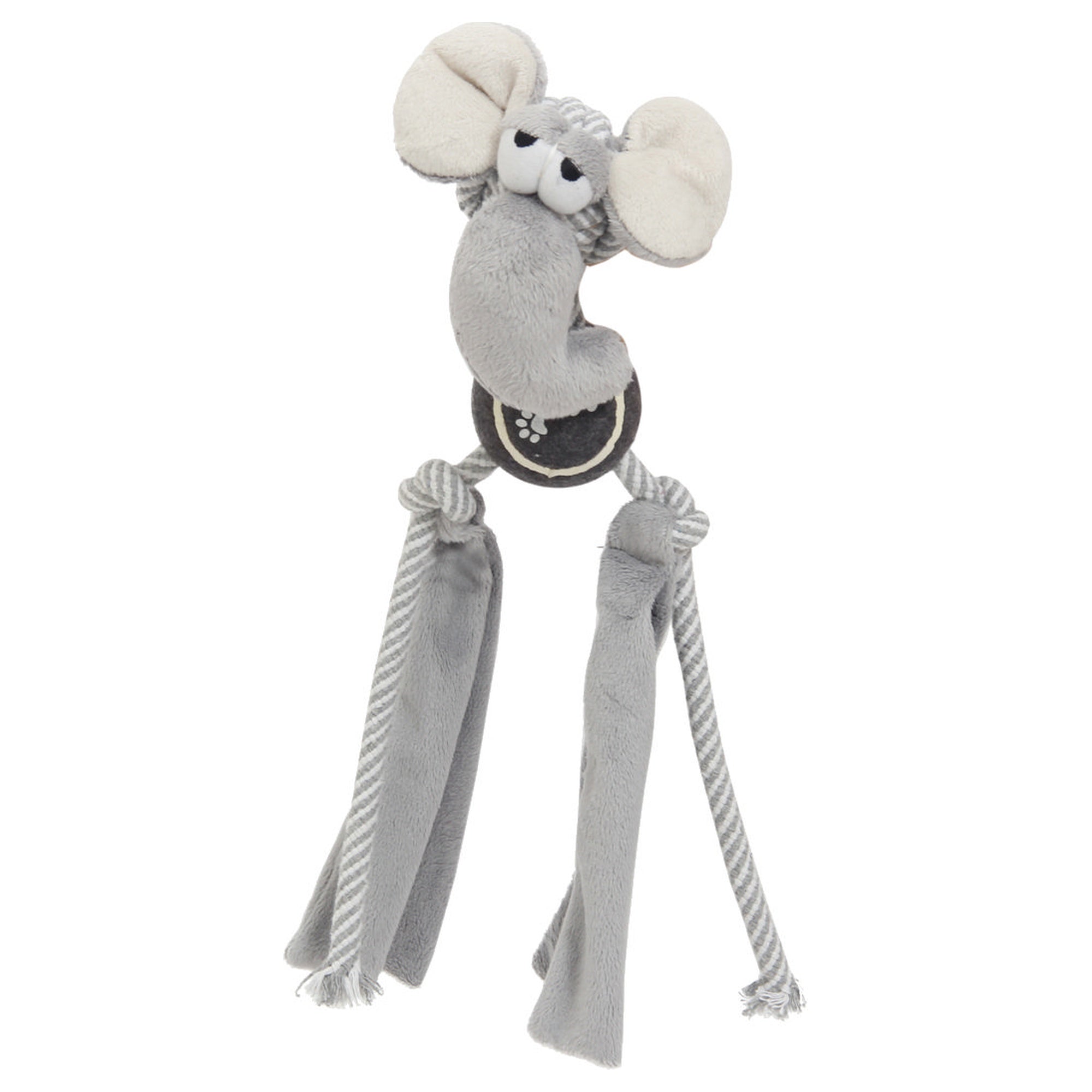 Gray rope dog toy with plush mouse ears, paw-print center, striped rope legs