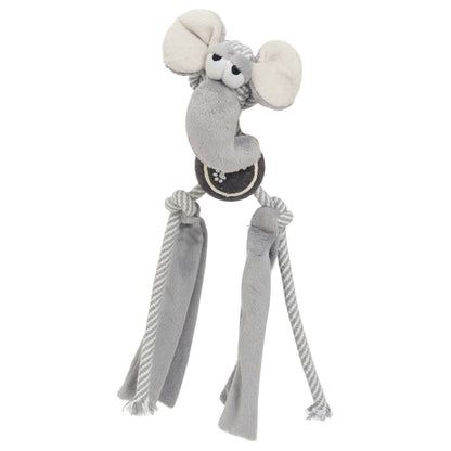Gray rope dog toy with plush mouse ears, paw-print center, striped rope legs