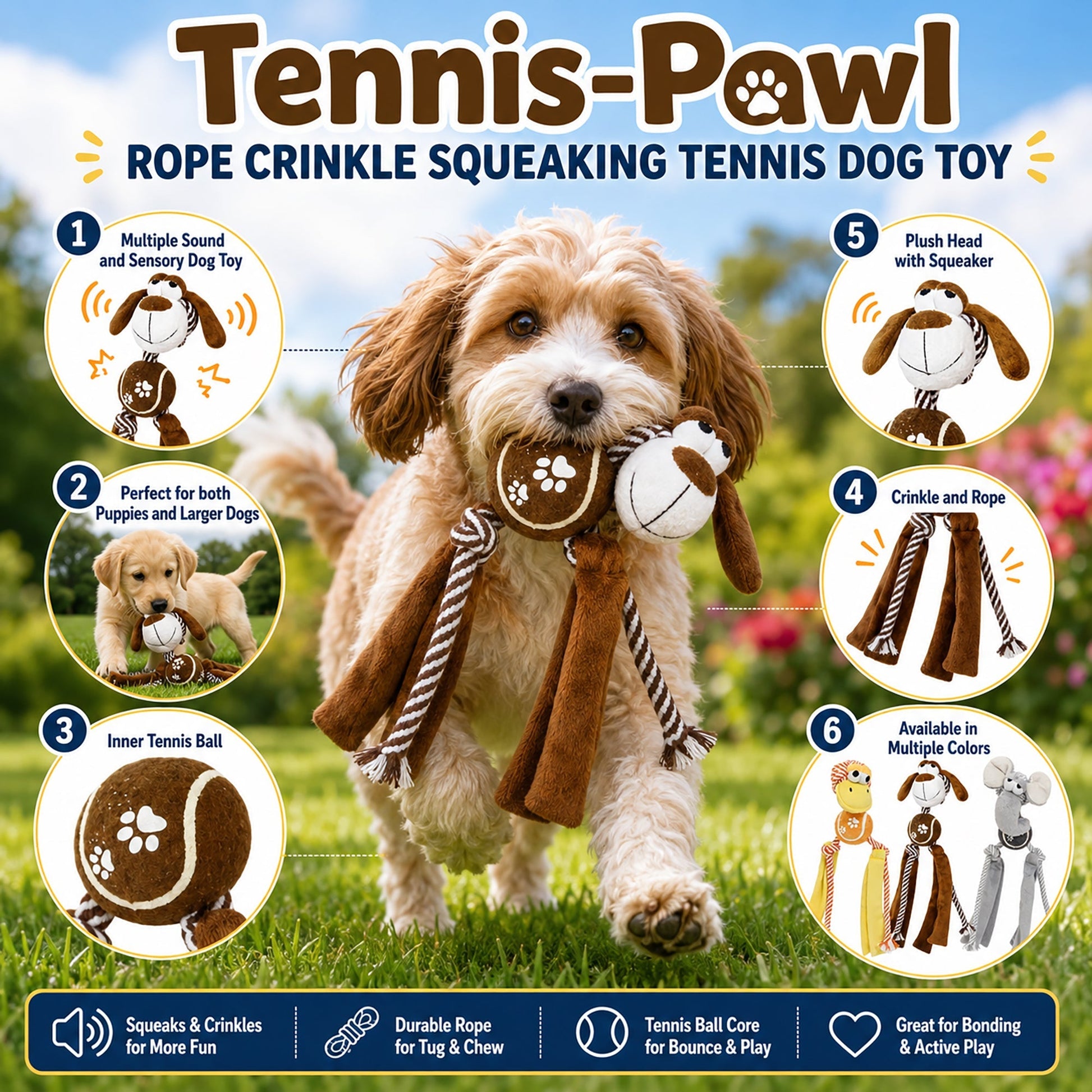 Rope dog toy with tennis ball plush and paw-print center, twisted rope legs