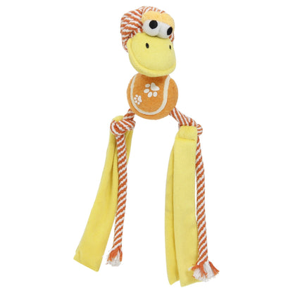 Rope dog toy with duck plush head, paw-print center, yellow body and braided rope legs