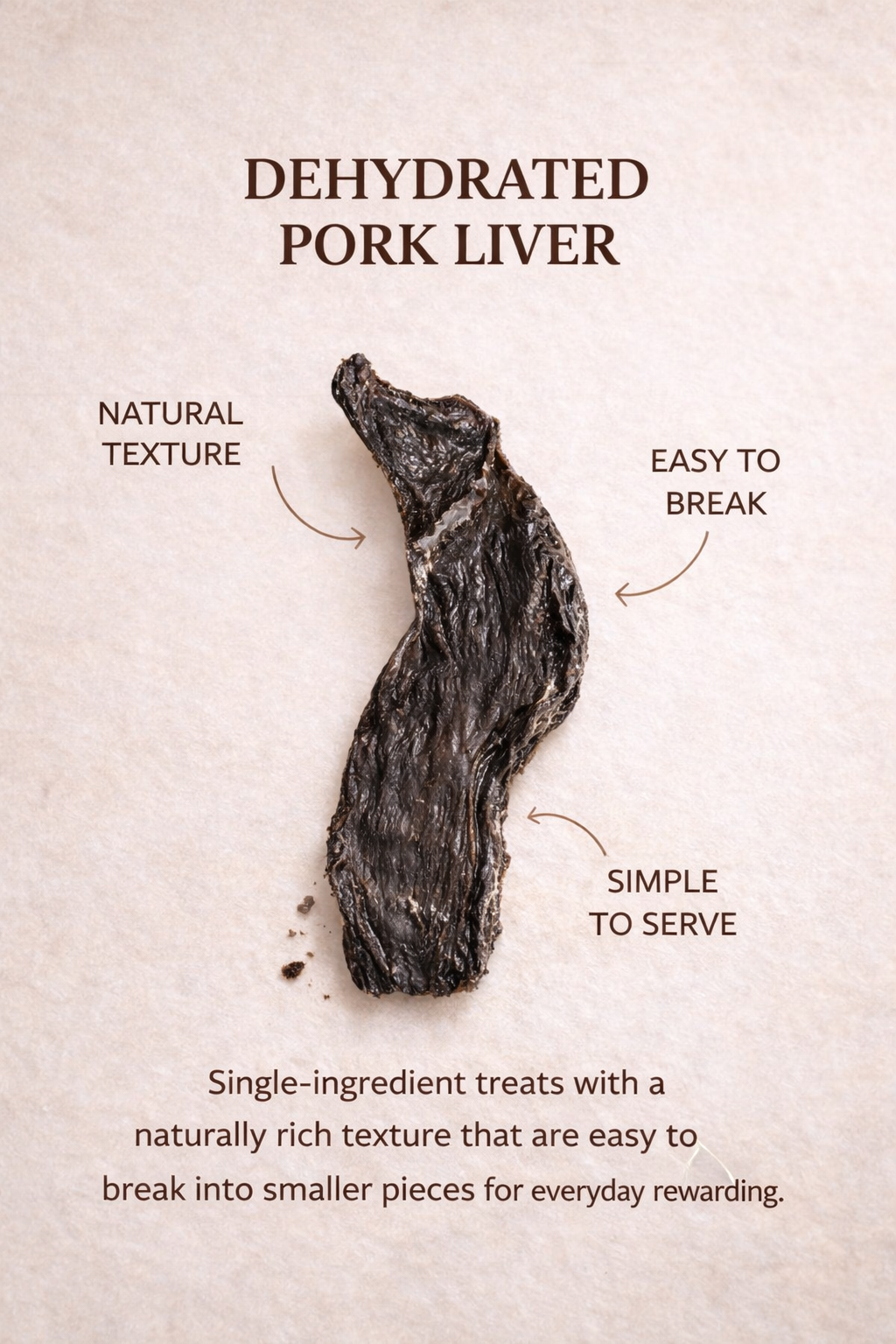 Dehydrated pork liver strip with natural wrinkled texture