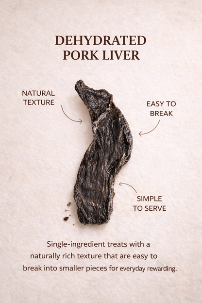 Dehydrated pork liver strip with natural wrinkled texture