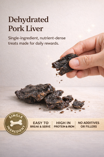Hand breaking dehydrated pork liver treat over pile of dark pieces