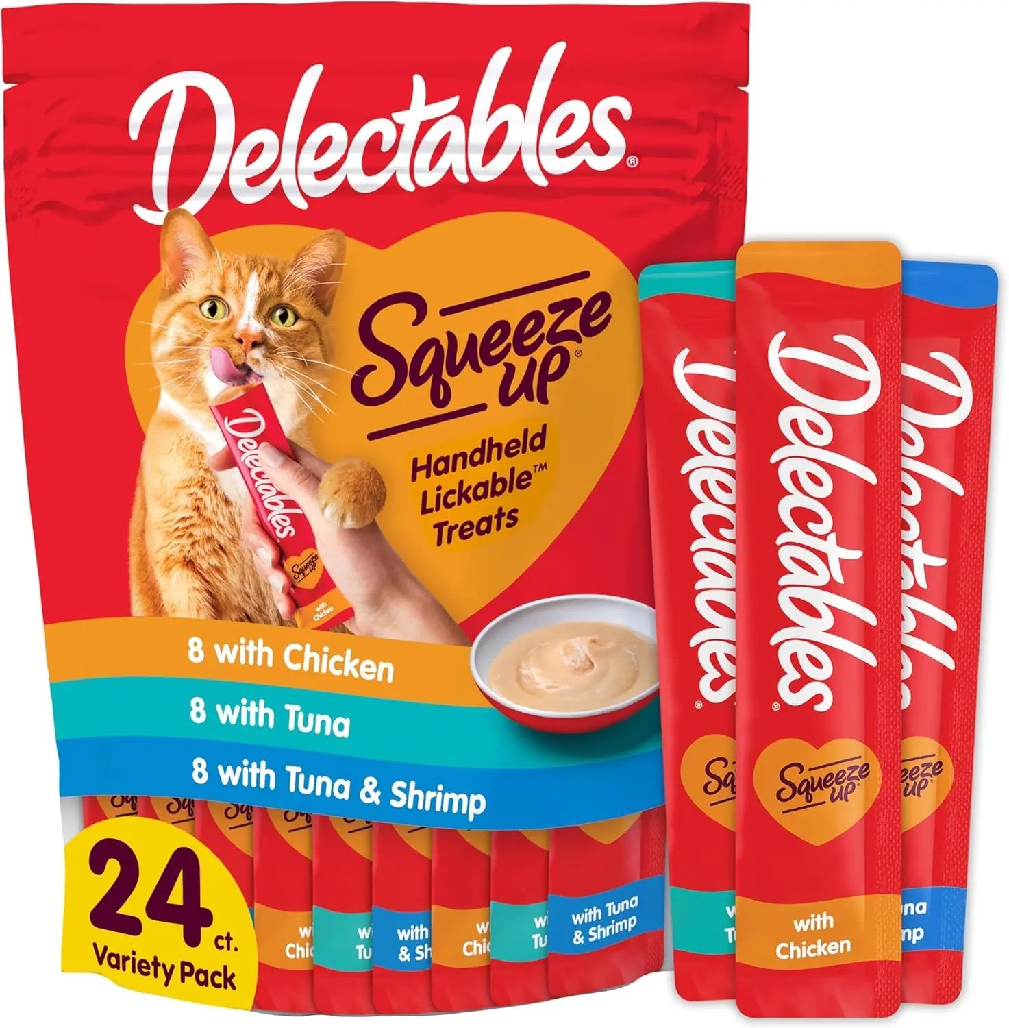 Cat treat variety pack with Delectables Squeeze Up creamy puree lickable tubes