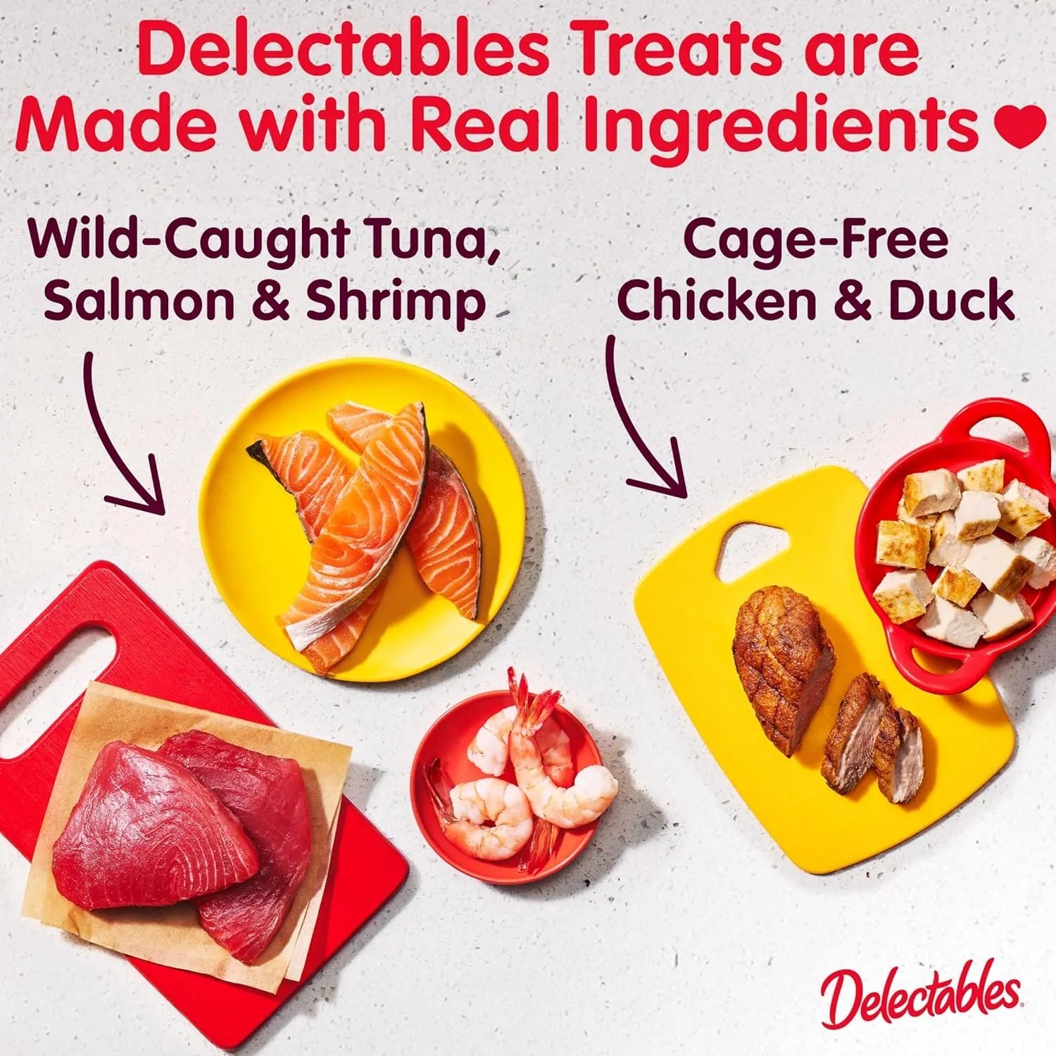 Cat treat ingredients graphic with tuna, salmon, shrimp, chicken and duck