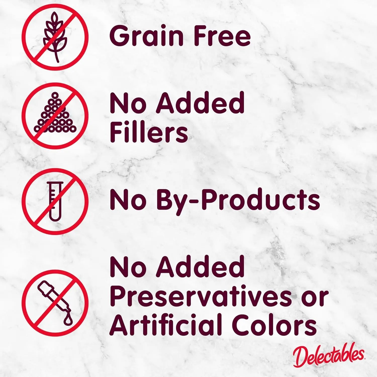 Cat treat claim icons: Grain Free and no added fillers, preservatives, or artificial colors