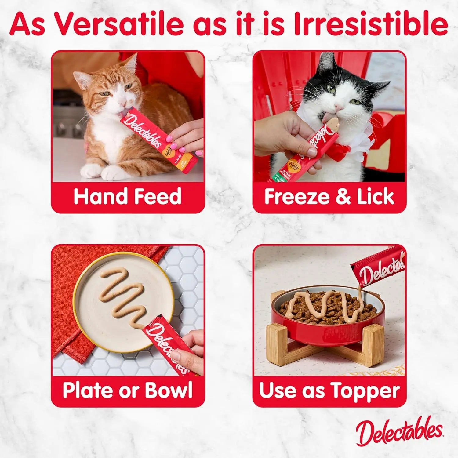 Cat treat squeeze up serving ideas: hand feed, freeze & lick, plate or bowl topper