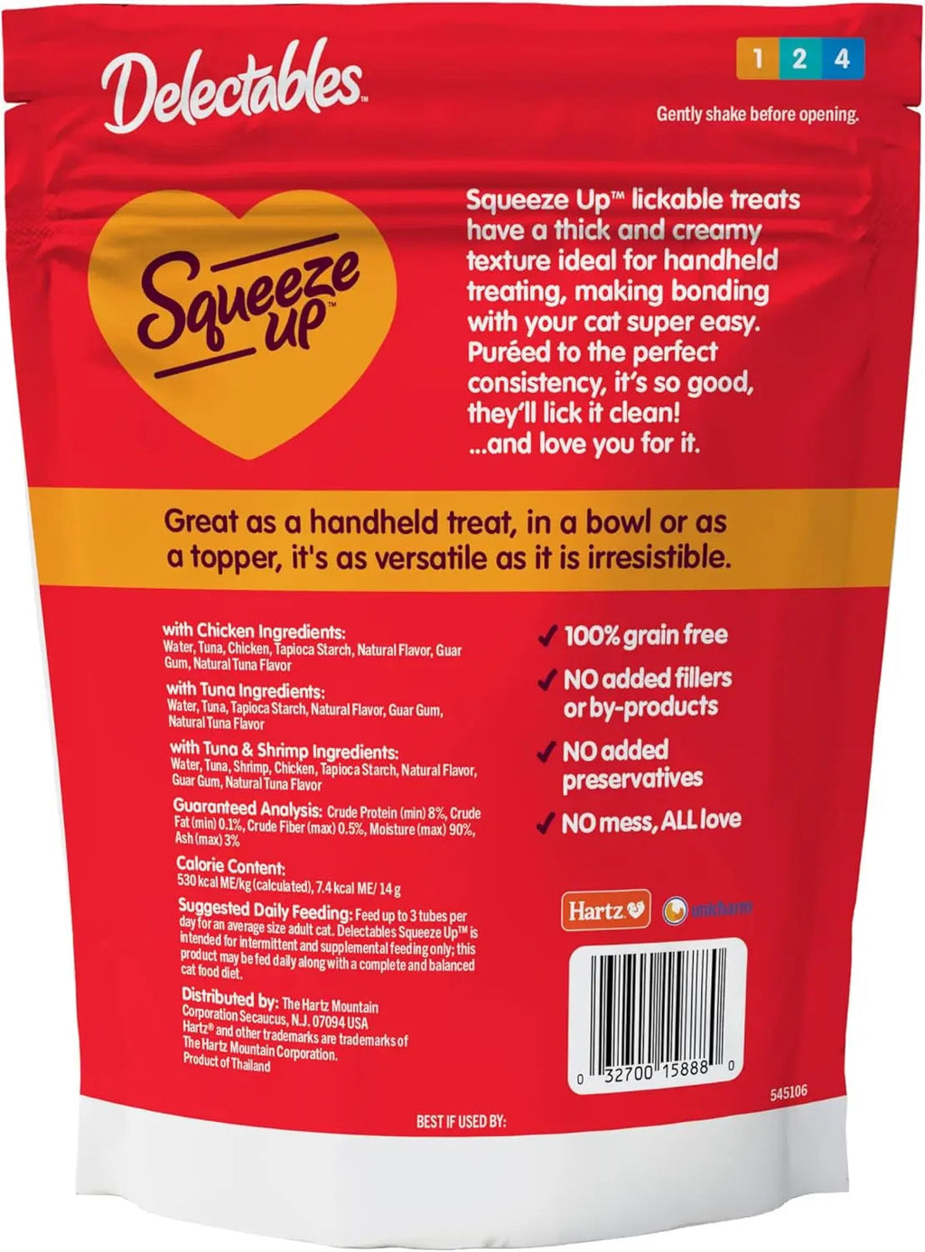 Delectables Squeeze Up lickable cat treats bag with usage and ingredient information