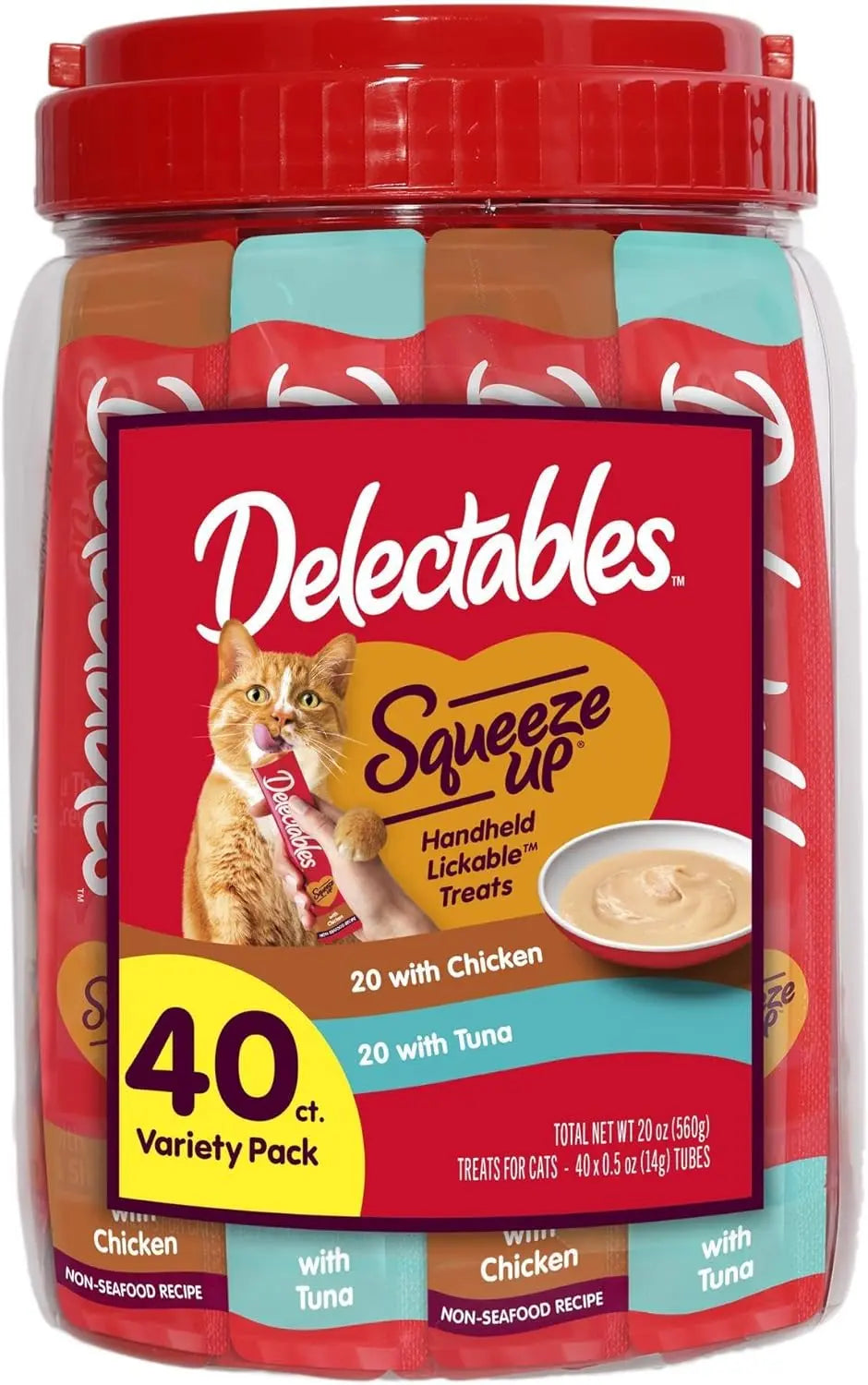 Cat treat 40 ct variety pack jar with Delectables Squeeze Up lickable tubes