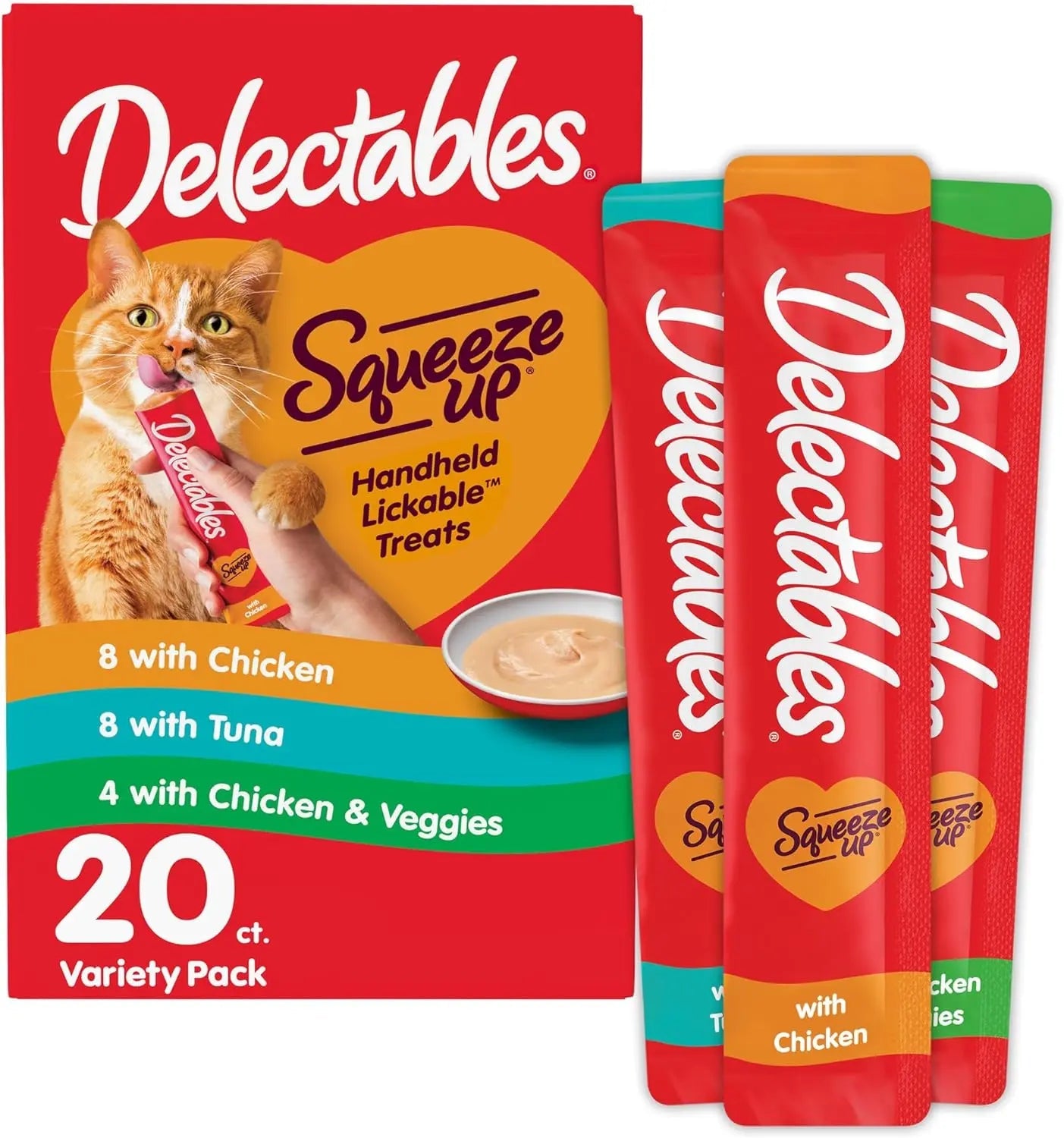 Cat treat 20ct variety pack with Delectables Squeeze Up creamy puree lickable tubes