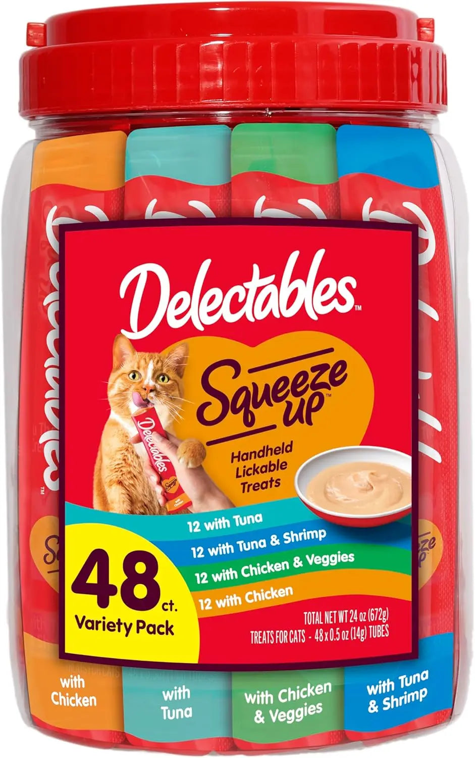 Delectables Squeeze Up cat treat variety pack tub with red lid and squeeze tubes