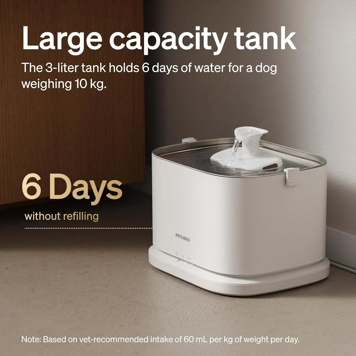 White automatic pet water fountain with water stream from the top reservoir and tray.