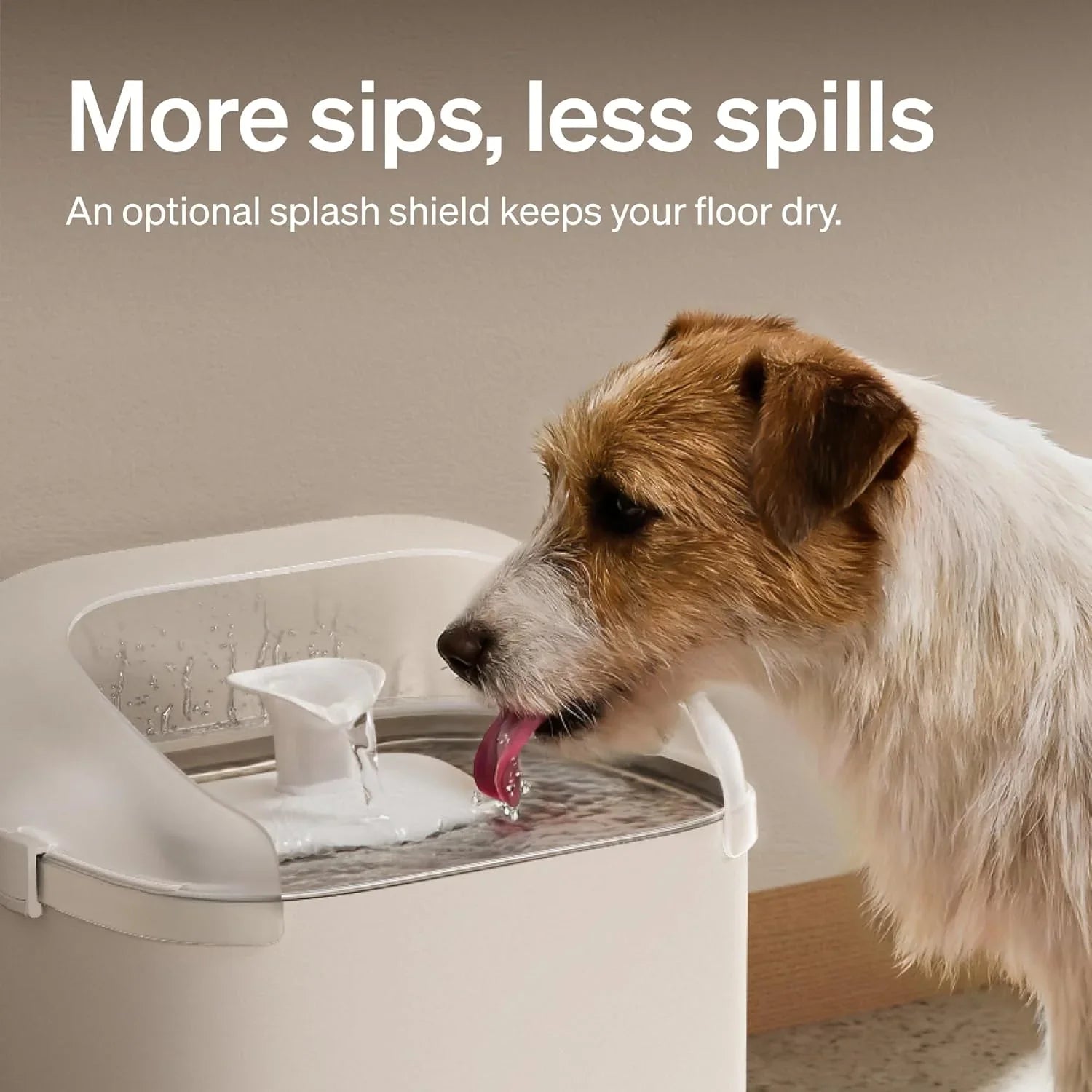 White automatic pet water fountain with splash guard; dog drinking from the tray.