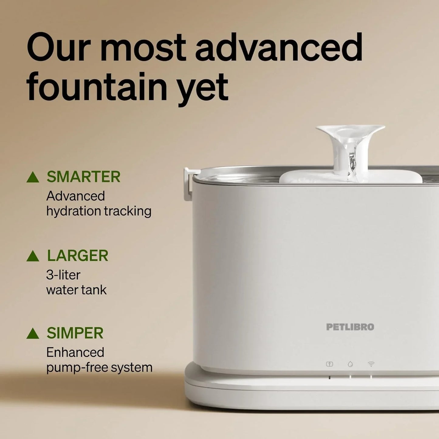 White automatic pet water fountain, top nozzle and stainless bowl on a rounded base.