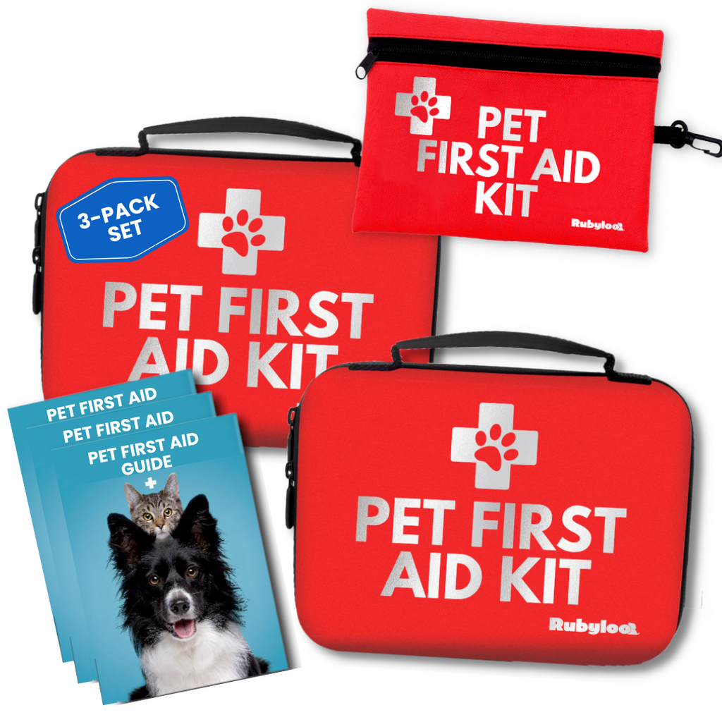 Three-pack red pet first aid kit bags with paw logo, black zipper and straps