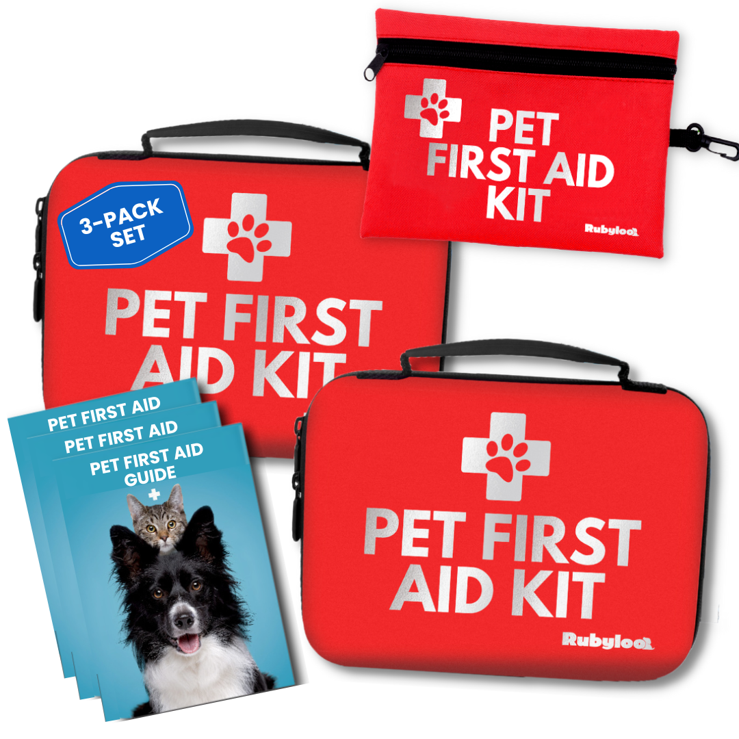 Three-piece pet first aid kit set with red bags, paw logo, and blue guides