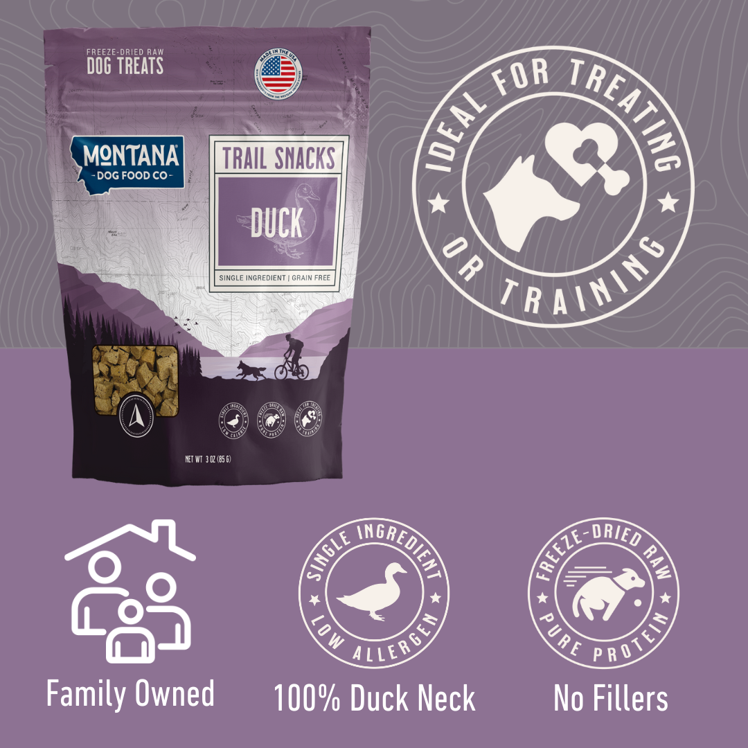 Freeze-dried duck dog treats pouch with training reward seals and duck icon.
