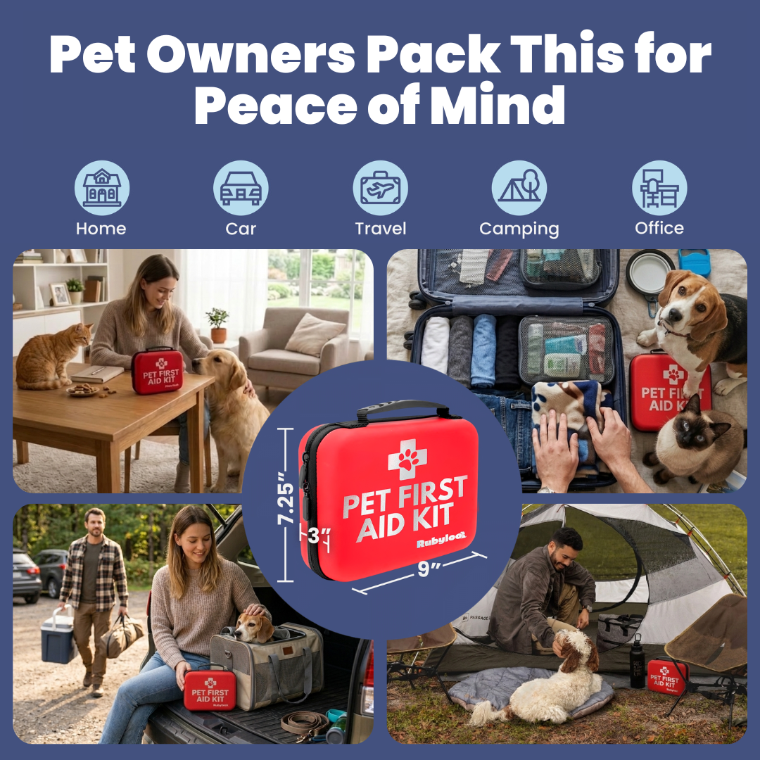 Pet first aid kit case shown in a collage of home, car, travel, camping, office