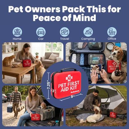 Pet first aid kit case shown in a collage of home, car, travel, camping, office