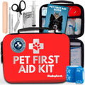 Pet first aid kit case with guide book, red zipper pouch, and blue wrap accessories