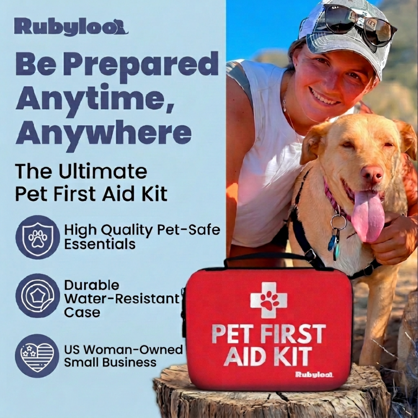 Pet first aid kit case held by pet owner with golden dog outdoors