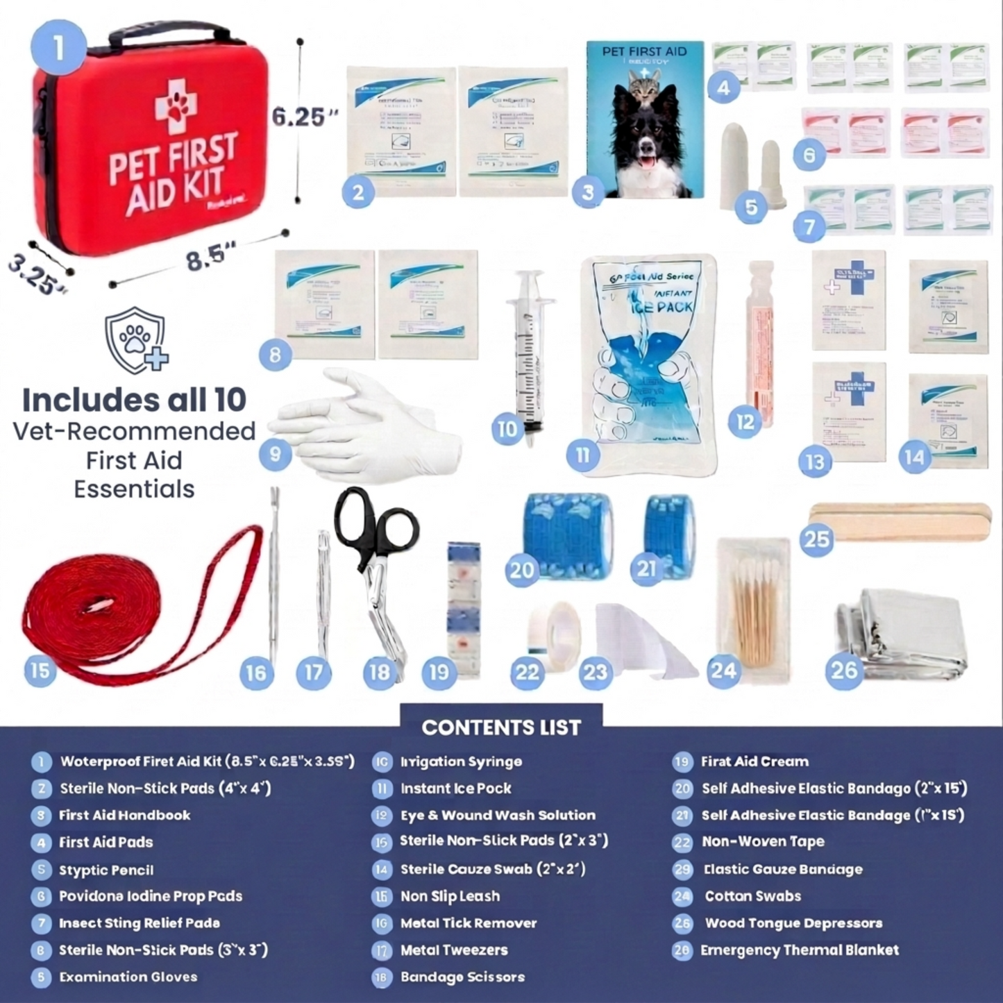 Pet first aid kit contents with red case and guide, gauze, bandages, tools