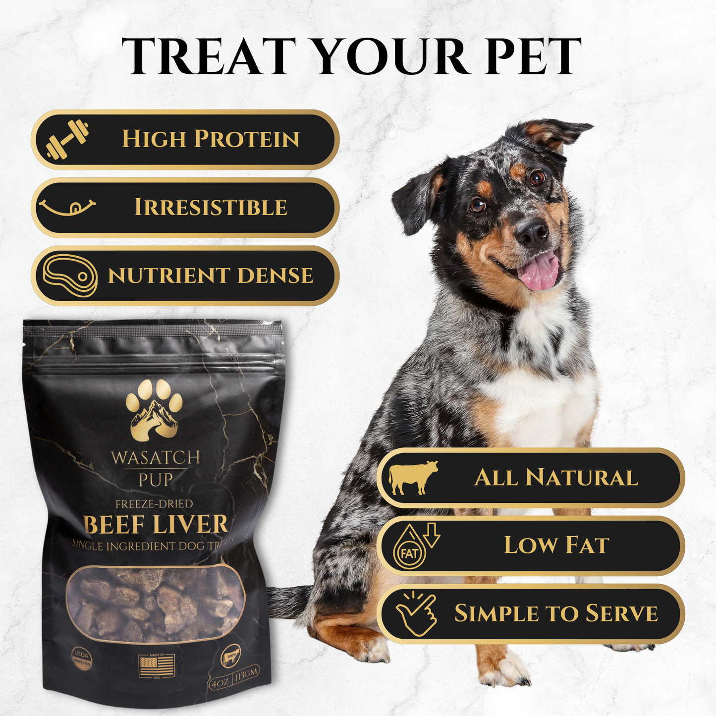 Freeze-dried beef liver dog treats pouch shown with a dog and feature icons