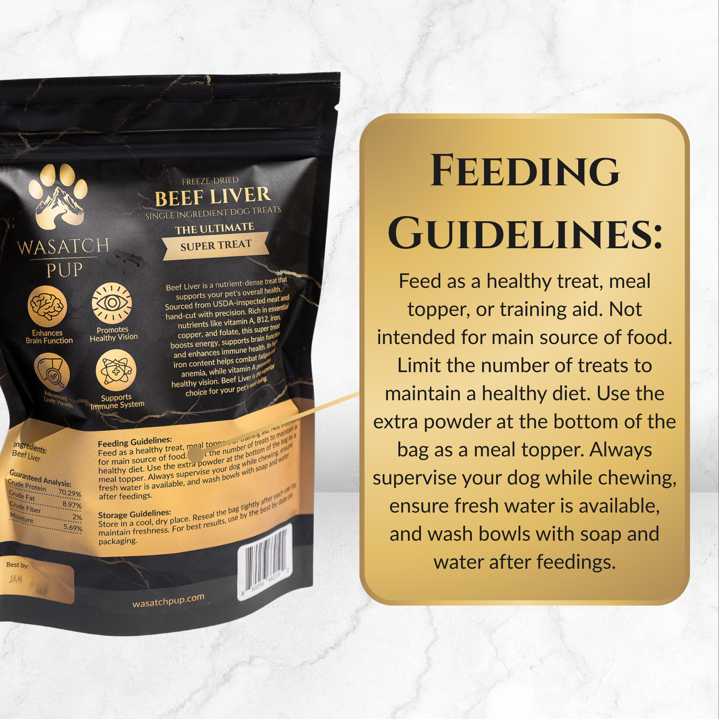 Freeze-dried beef liver dog treats bag with feeding guidelines card