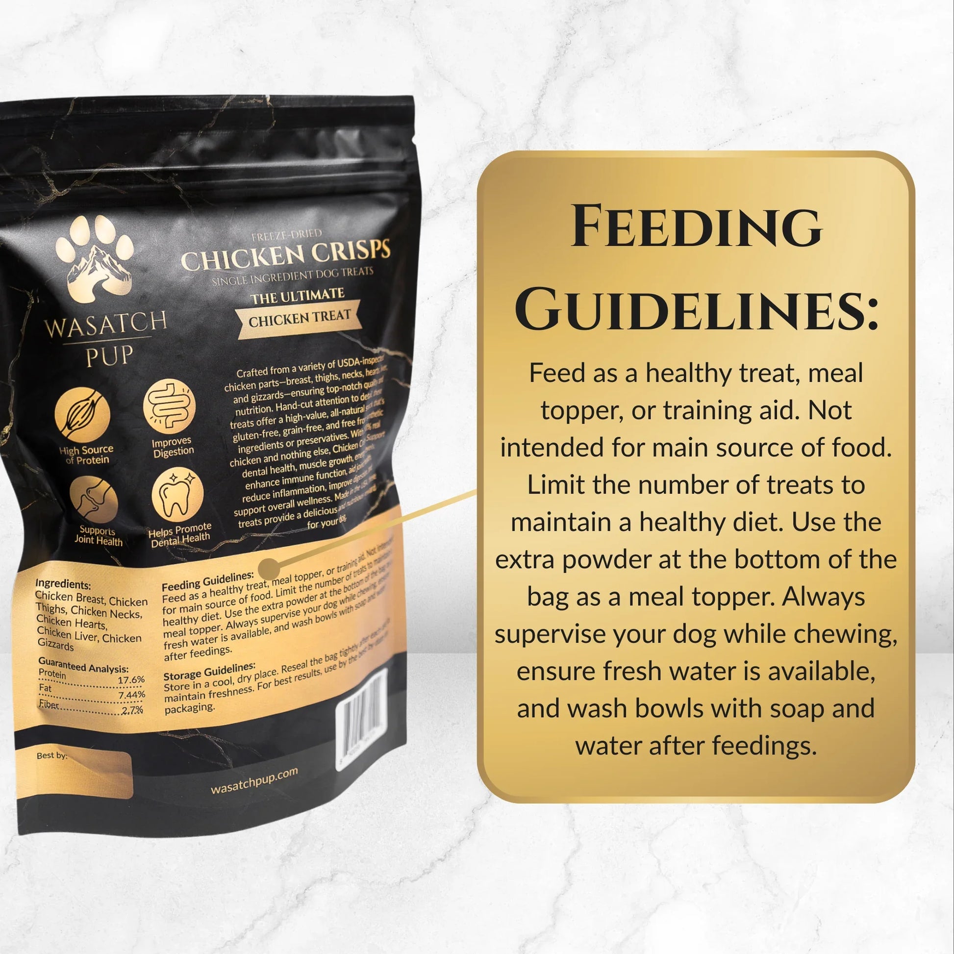 Freeze-dried chicken crisps feeding guidelines card beside Wasatch Pup pouch