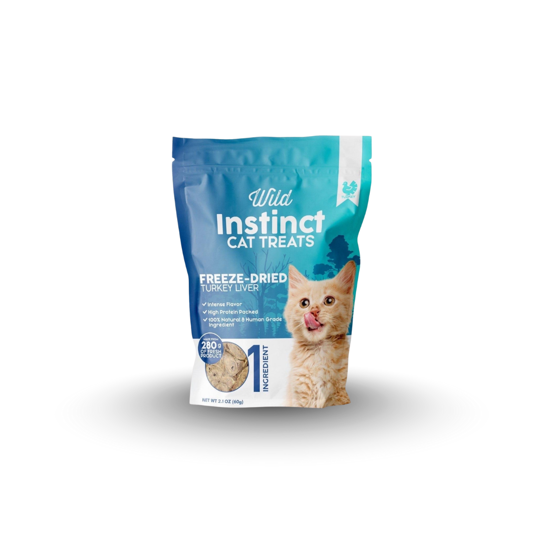 Freeze-dried turkey liver cat treats pouch, Wild Instinct Pet Treats blue bag