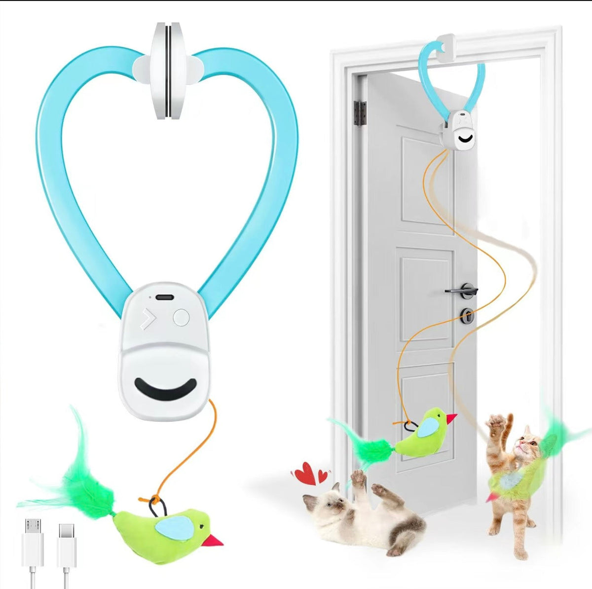 Blue heart-shaped cat door toy with dangling feather bird and elastic rope