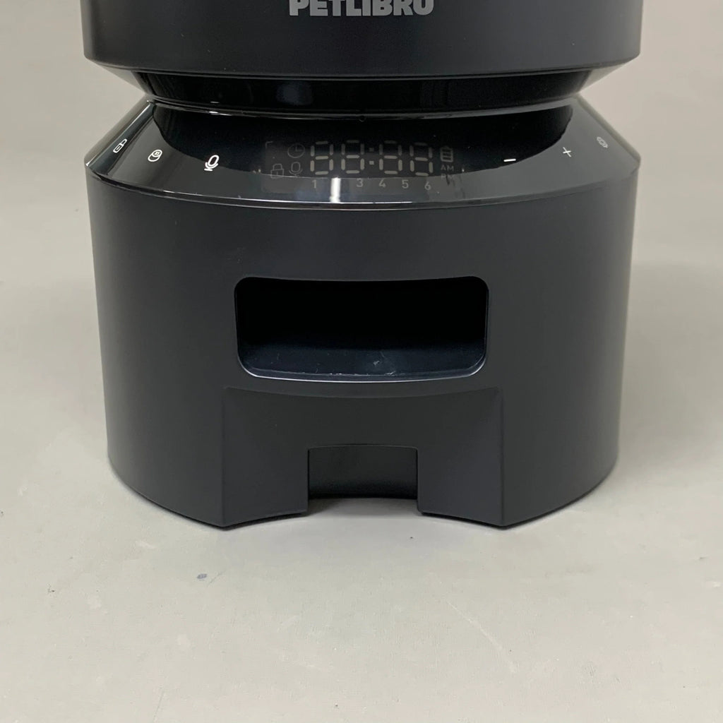 Black automatic pet feeder with digital display and touch controls for scheduled feeding