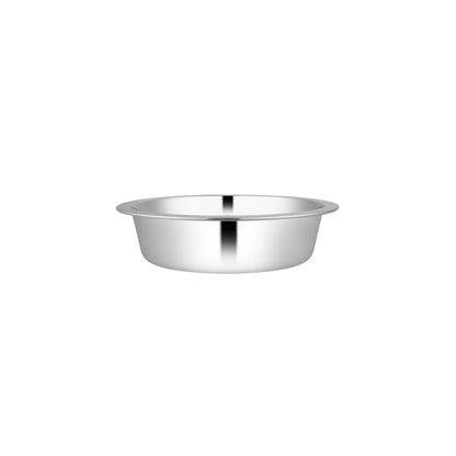 Stainless steel pet bowl shown from the side, smooth polished exterior.