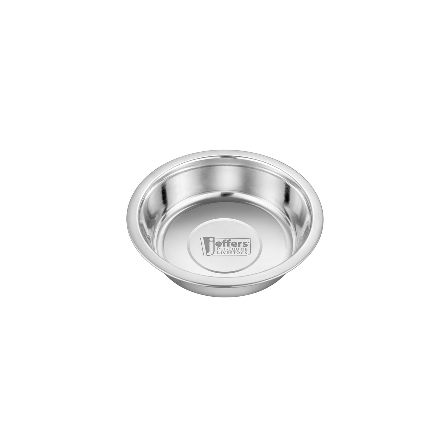 Stainless steel pet bowl viewed from above with inner base and center stamp.