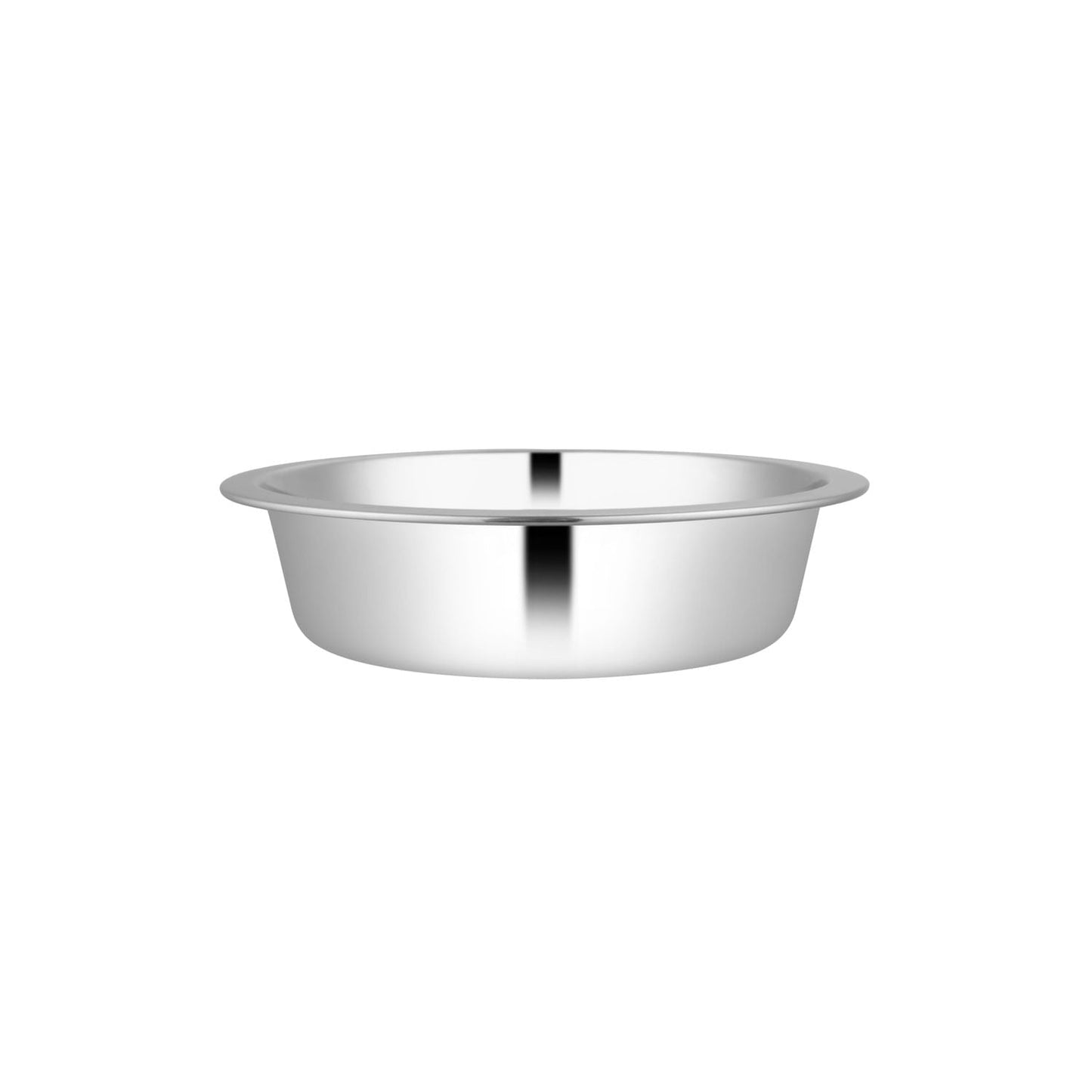 Stainless steel pet bowl shown from the side, smooth exterior with rolled rim.