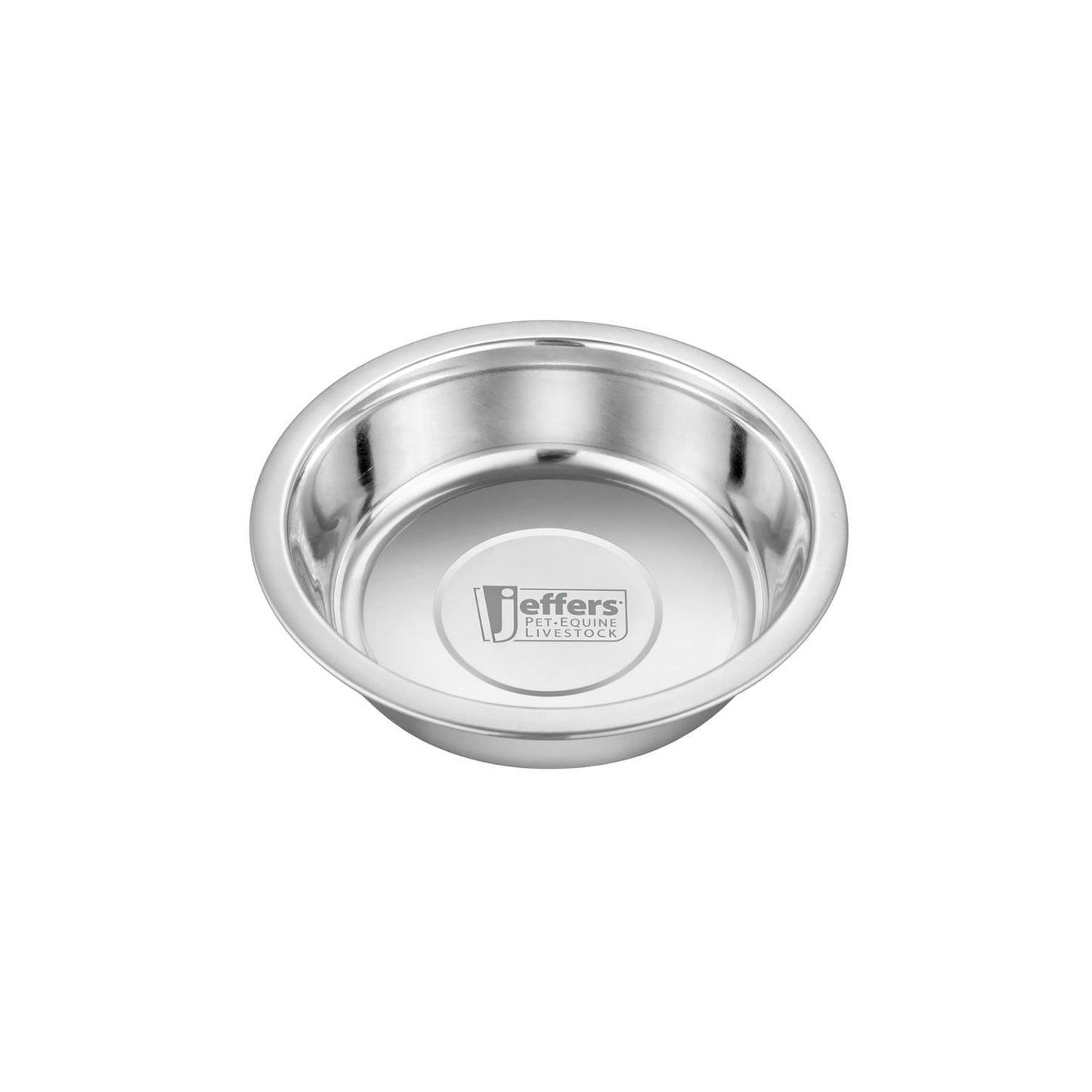 Stainless steel pet bowl with inner base and center brand stamp, top view.