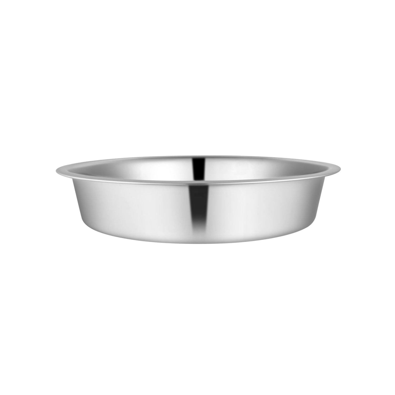 Stainless steel pet bowl side profile with reflective polished surface.