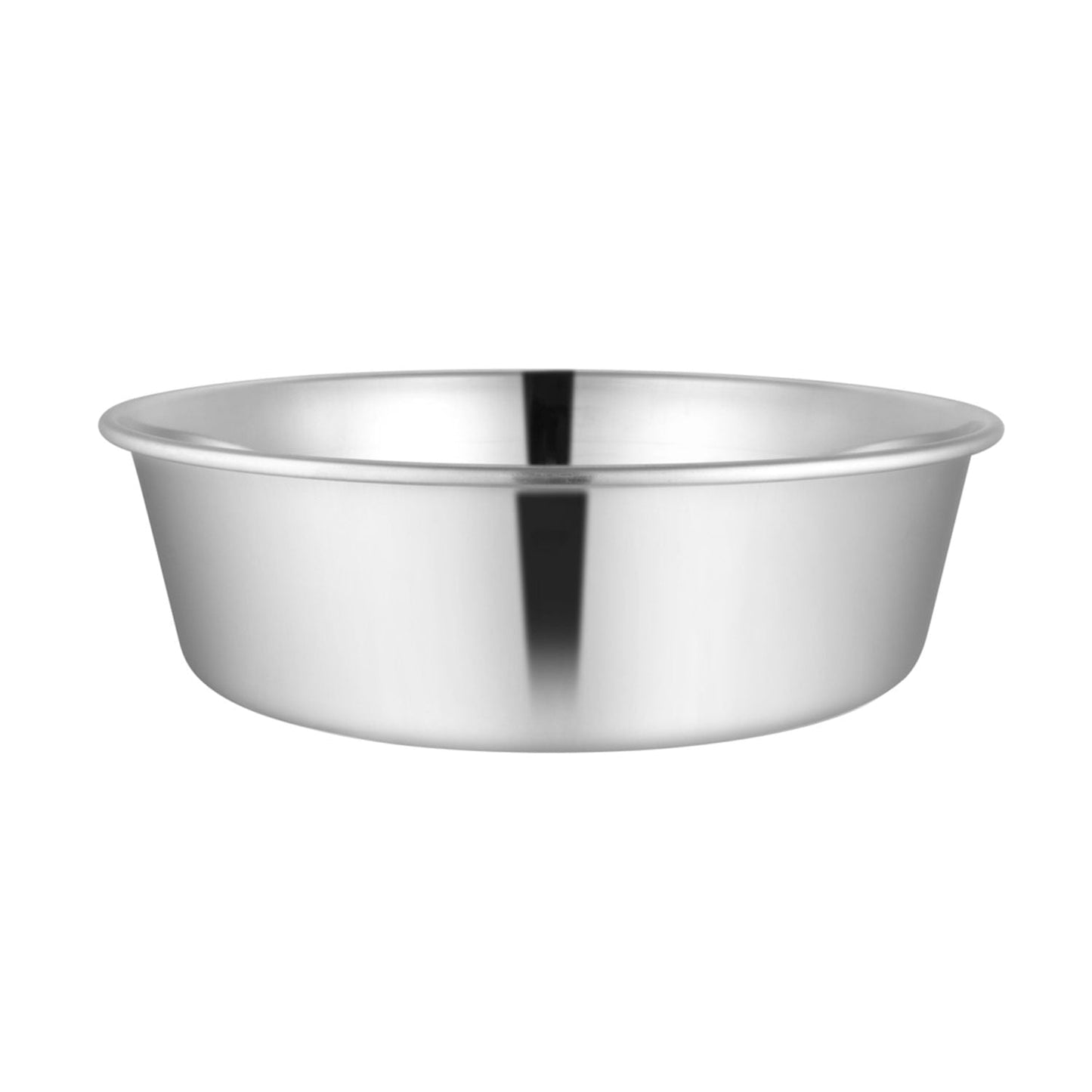 Stainless steel pet bowl shown at an angle with reflective polished exterior.
