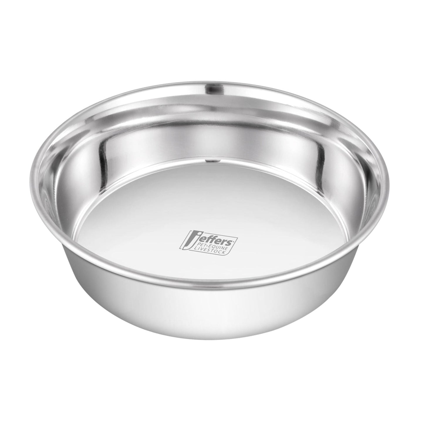 Stainless steel pet bowl with polished rim and round interior, front view.